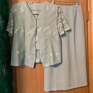 Jora Collection 2 Piece Short Sleeve Blazer Skirt with mesh overlay  embroidery